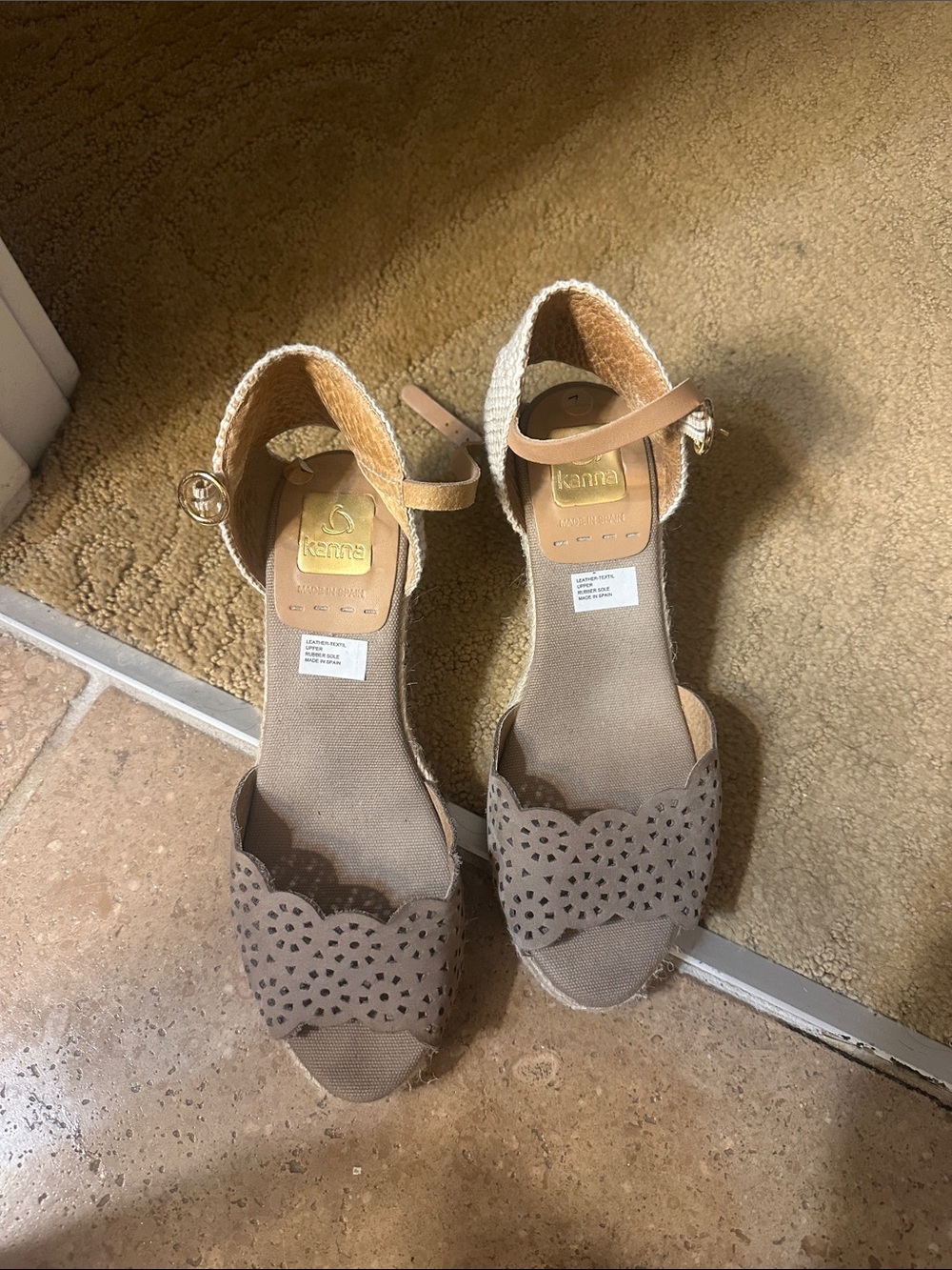 kanna Beige Laser-Cut Espadrille Wedge Sandals